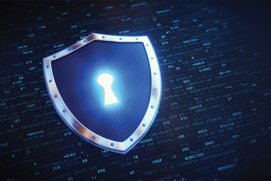 A digital illustration of a chrome shield with a glowing keyhole in the center with streams of blue data behind it