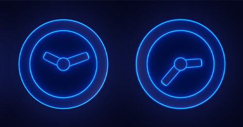 2 analog clock forms made from blue neon light against a black background with a slight blue glow