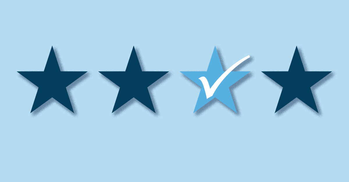 a vector image of 4 blue stars in a row, the 3rd star a lighter shade with a white check mark in it