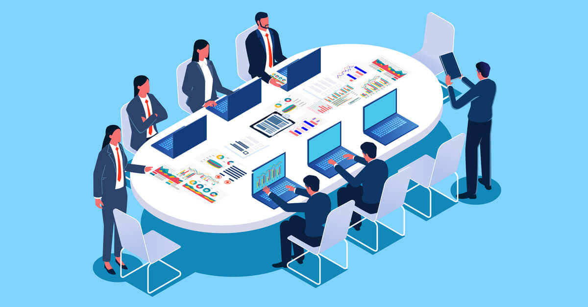 Vector illustration of 7 business people with laptops and papers around an oval conference table