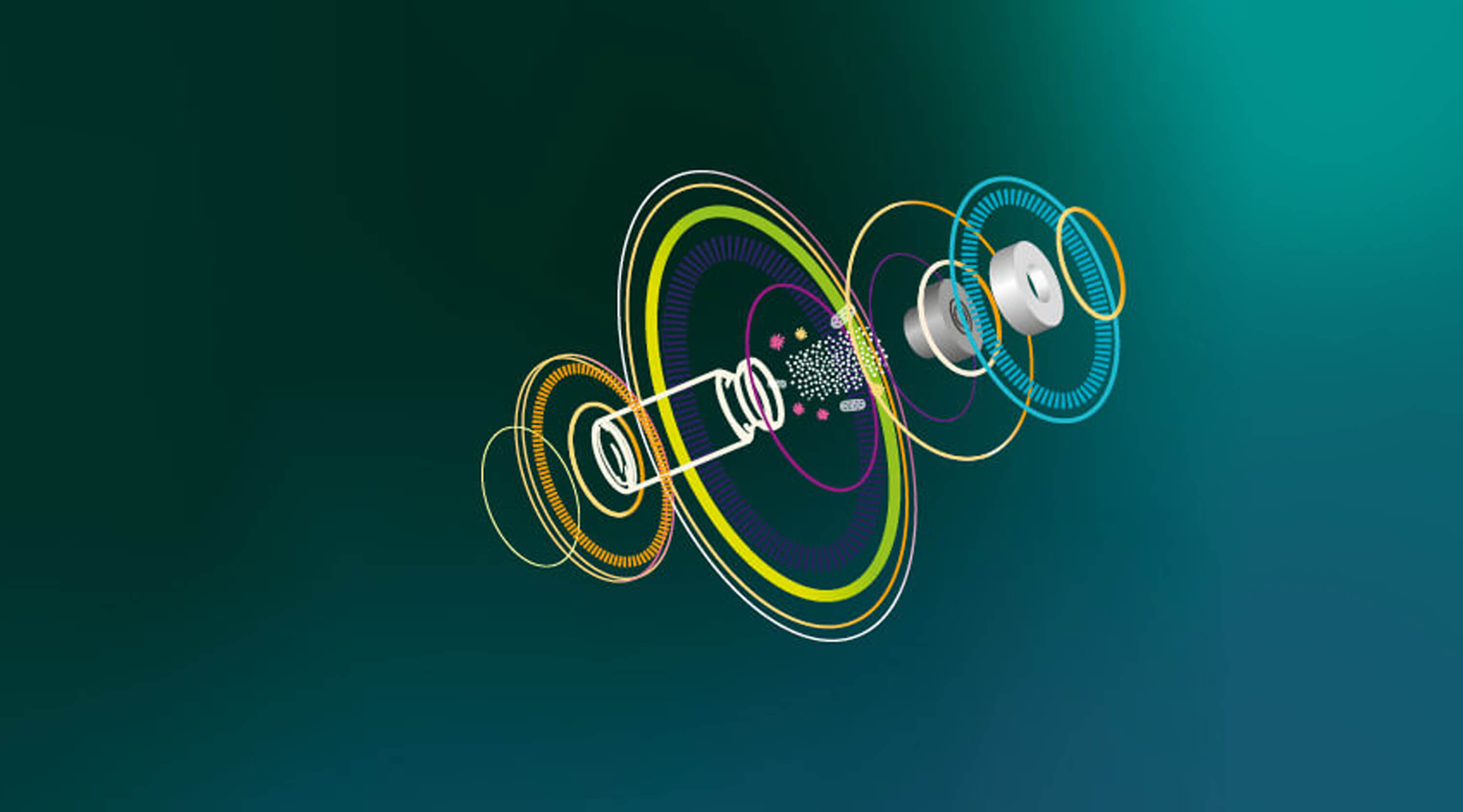 An exploded view of a medicine bottle in a vector illustration using bands of bright yellow, orange, teal, magenta against a gradient field of teal and emerald green