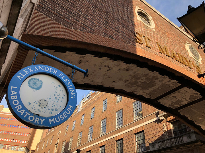 A photo of the exterior sign of the Alexander Fleming Laboratory Museum at St. Mary’s Hospital, London, England