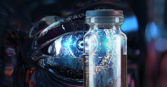 A cybernetic eye in a metallic chassis looks through a glass medicine vial