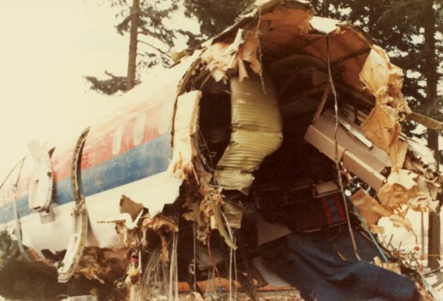 A plane wreck in which the fuselage had been torn through and completely in half