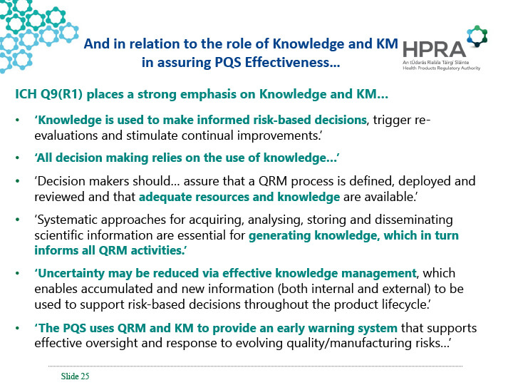 A presentation slide breaking down the explanation of the role of Knowledge Management in Assuring PQS Effectiveness