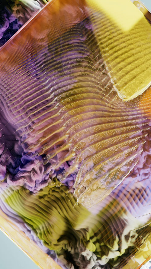 a 3D illustration of various shell like surfaces overlapping one another in colors of yellow and lavender