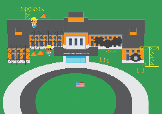 A pixel illustration in the style of a simple video game where the FDA building is shown being deconstructed by a wrecking ball on the right wing and being reconstructed under scaffolding on the left wing