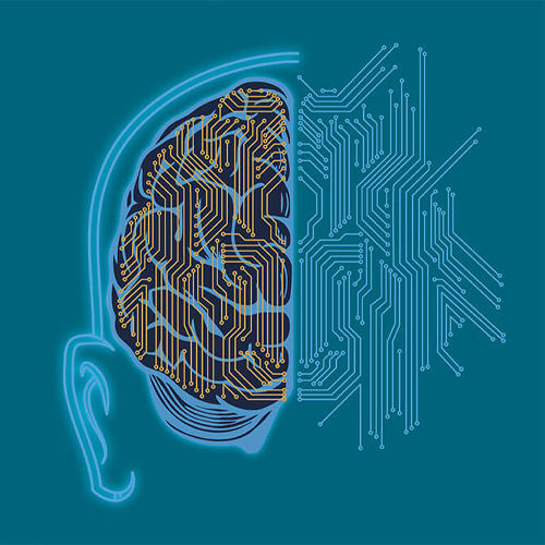 Vector illustration of a halved brain with digital circuitry laying on top of it