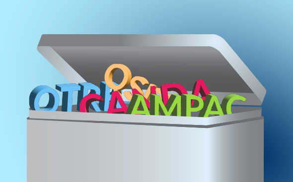 A vector illustration of a lidded dustbin partially open with various 3D acronyms overflowing the top