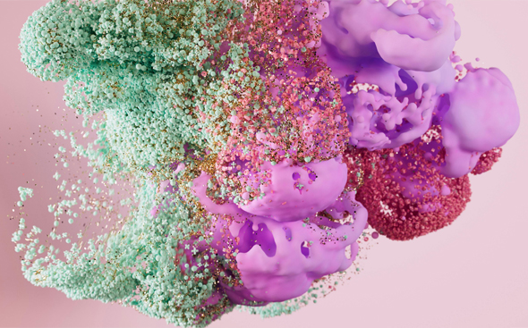 A digital illustration of a pixelated brain in colors of green, purple, and magenta against a pink background