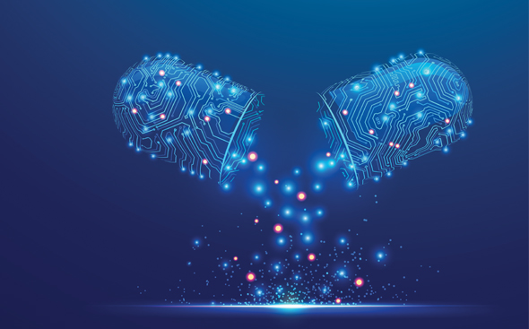 A digital illustration of a pill capsule made up of computer circuits, split open and spilling the glowing contents