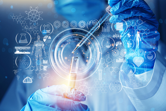 Genetic research and Biotech science concept image with a lab tech dropping liquid from a pipette into a vial with several holographic images of data, data management, and medical imagery.