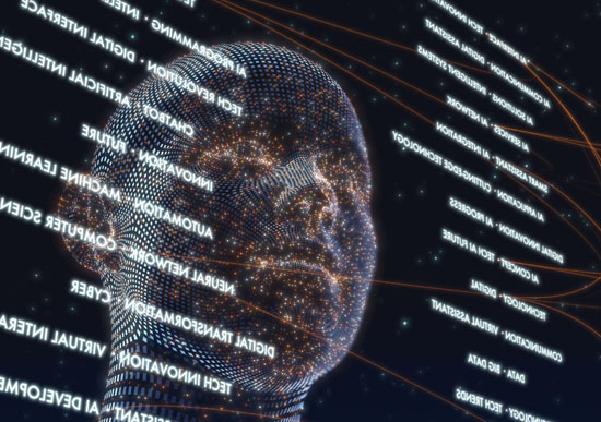 Digital illustration of a human face made up of a glowing wire grid looking at a floating list of words and phrases against a dark starry background